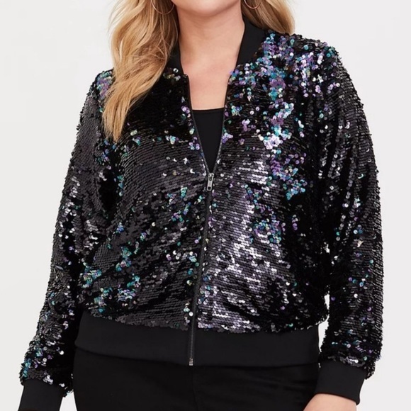 NWT Torrid Black Iridescent Sequin Bomber Jacket - Size 2 - Picture 1 of 7